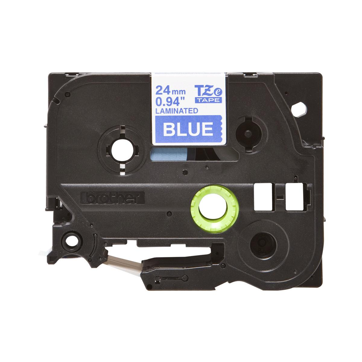 Schwarze Bandkassette mit blauer Beschriftung, 24 mm, Brother TZe.