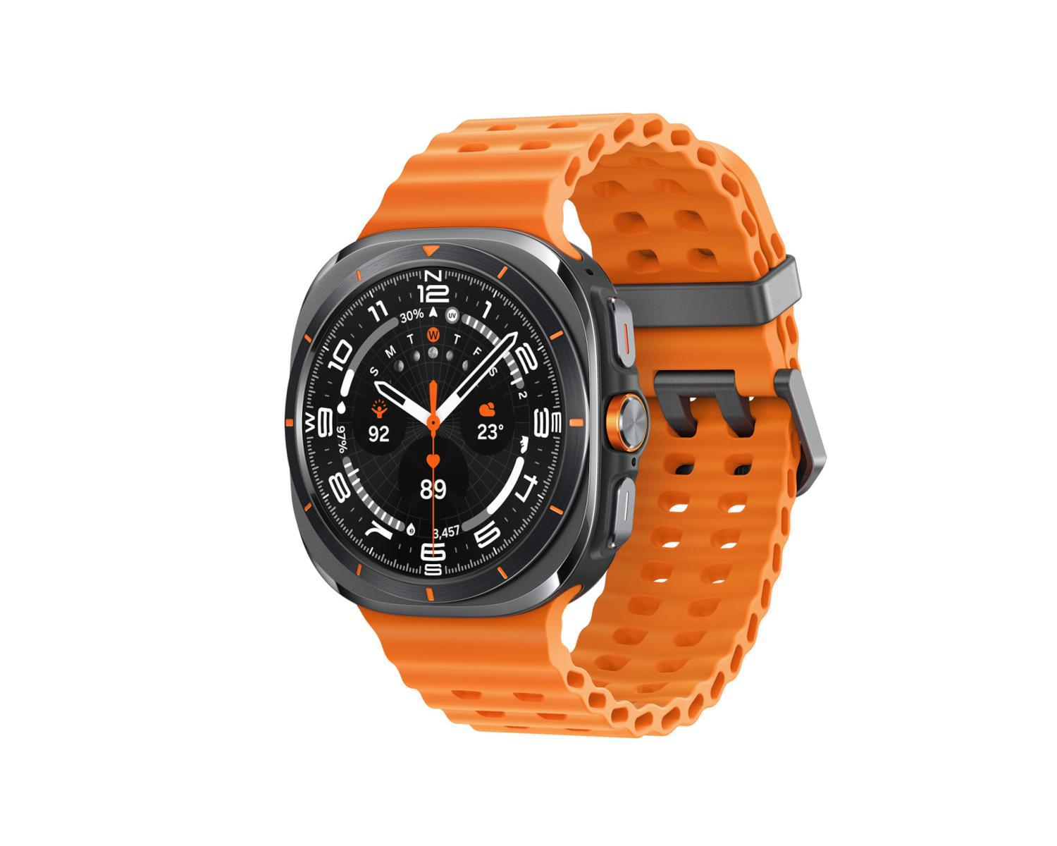 Uno smartwatch arancione con quadrante nero e pulsanti argentati.