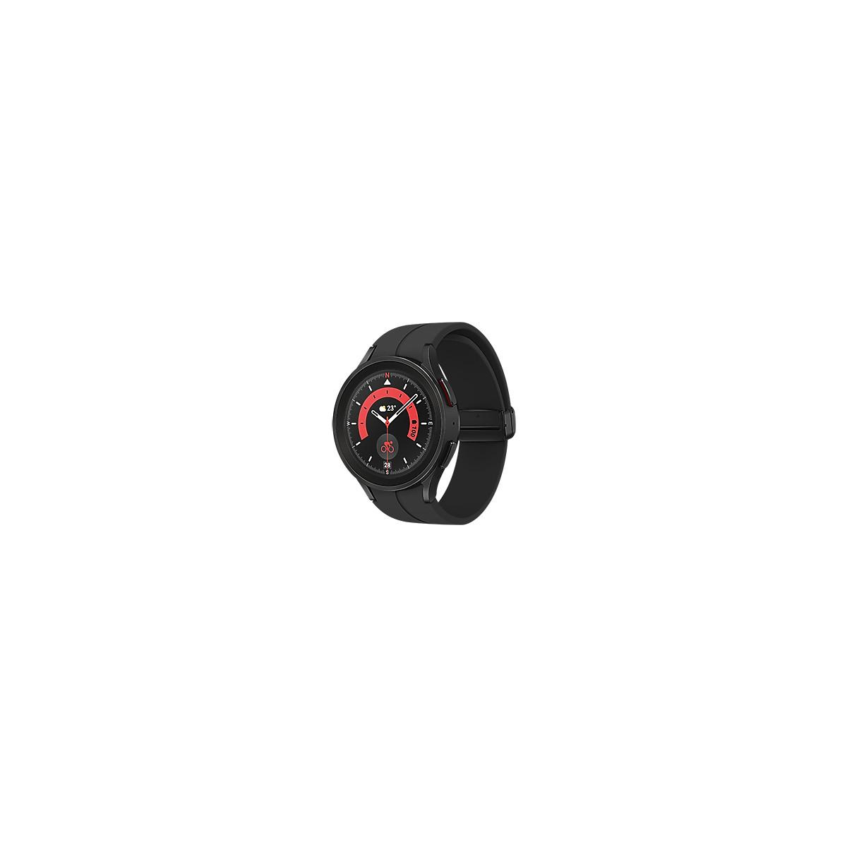 Orologio smart nero con quadrante rosso e cinturino sportivo.