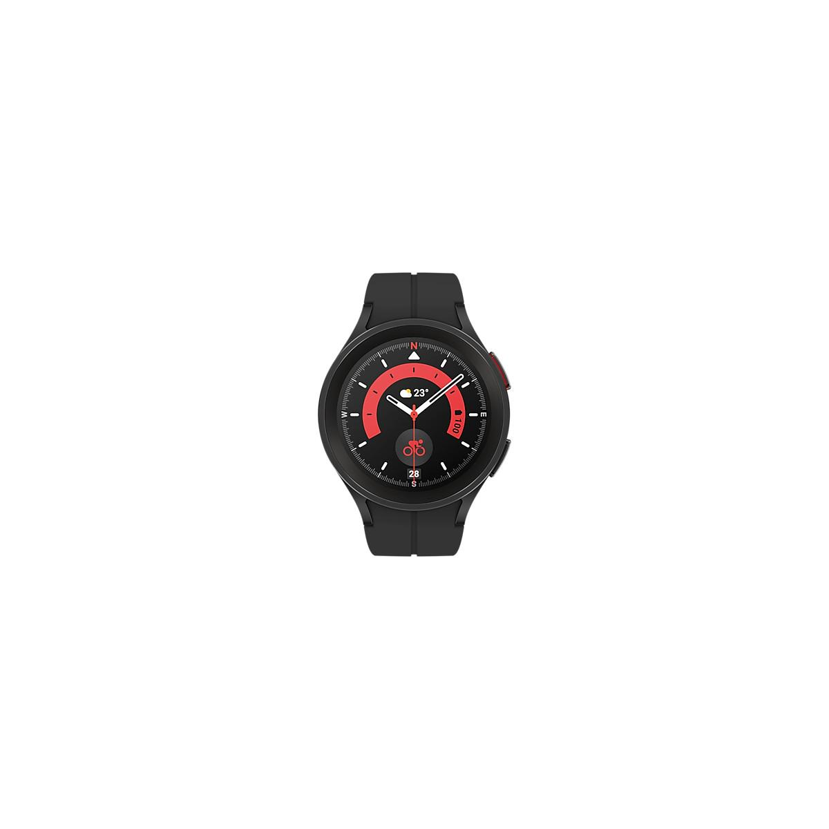 Smartwatch nero con accenti rossi, quadrante rotondo che mostra 23 gradi e 100 passi.