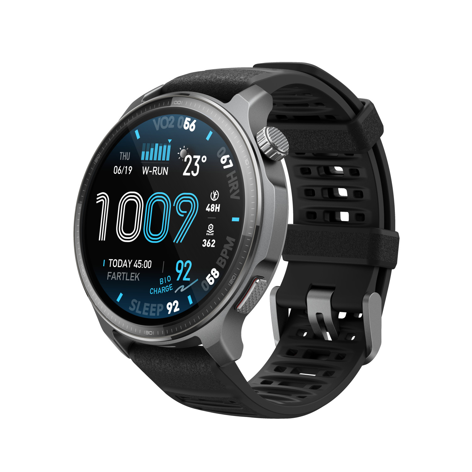 Smartwatch gris con correa negra. Pantalla muestra hora, fecha, clima y datos de actividad.