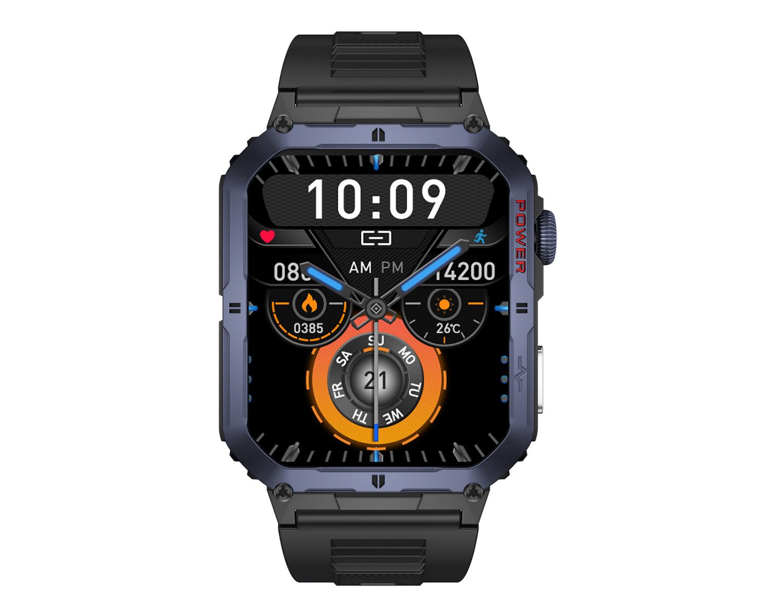 Uno smartwatch con lunetta blu, cinturino nero e display digitale che mostra ora, data, temperatura e attività.
