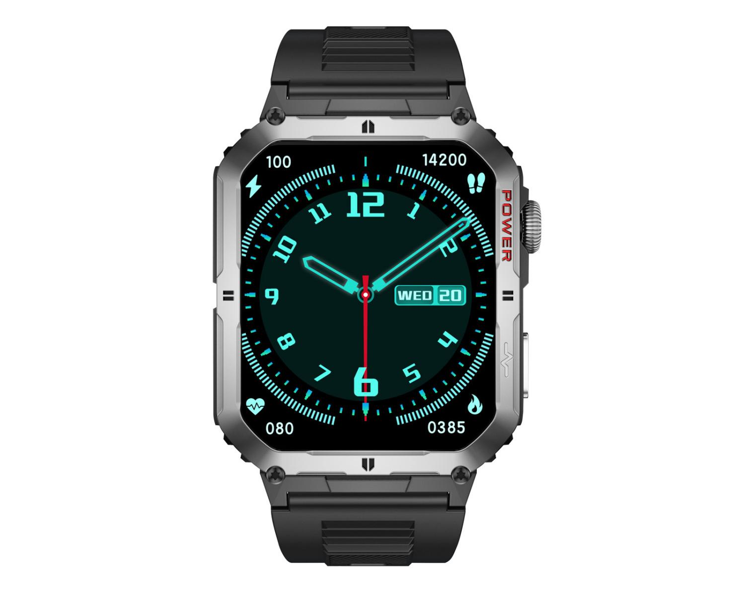 Graue Smartwatch mit schwarzem Armband und blauem Zifferblatt, zeigt 10:33 an.