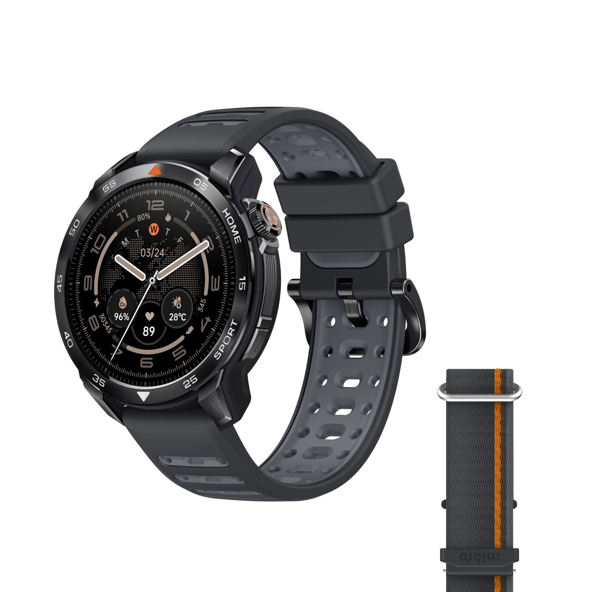 Smartwatch grigio scuro con cinturino nero e striscia arancione.