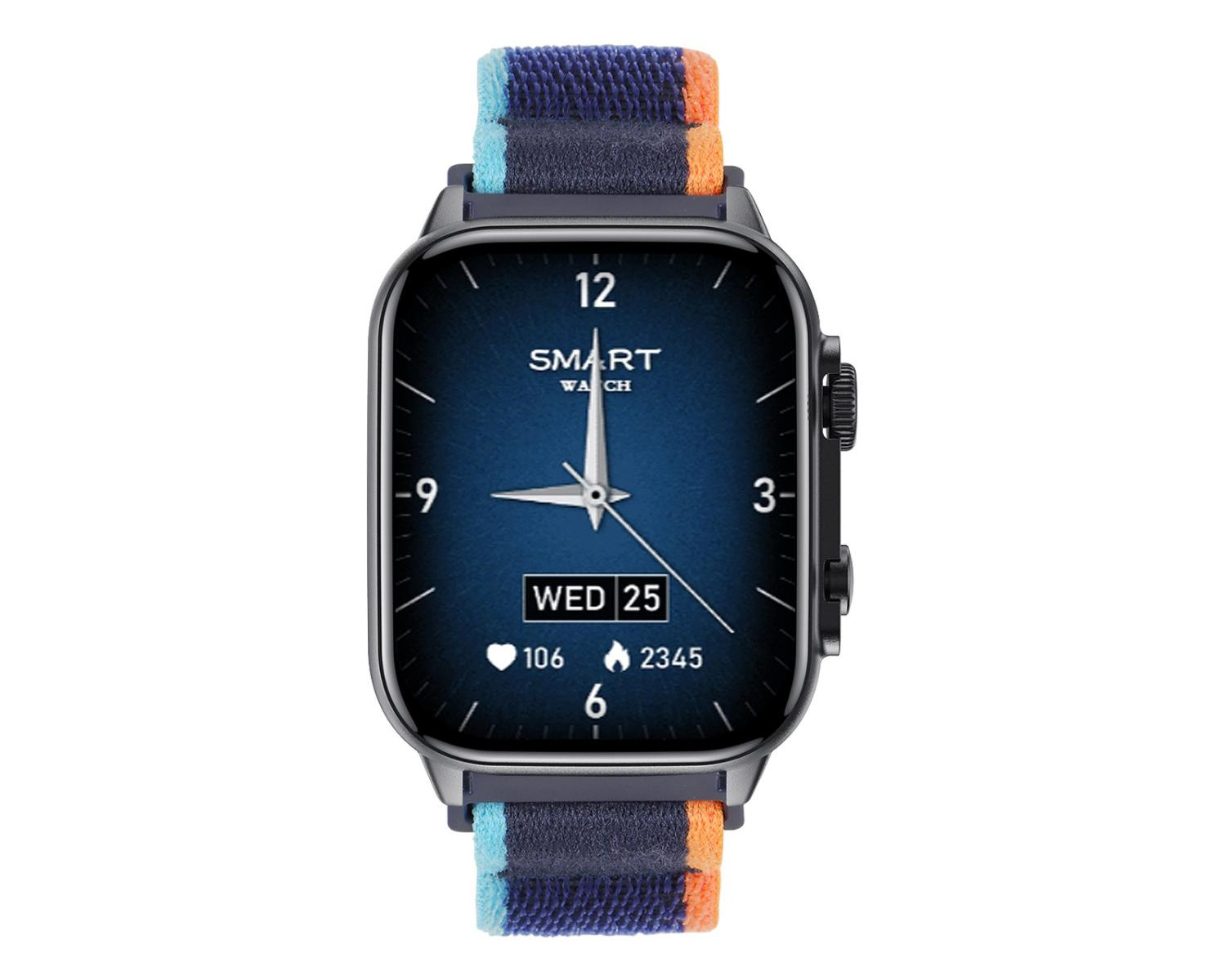 Eine Smartwatch mit blauem Zifferblatt, silbernem Gehäuse und gestreiftem Armband.