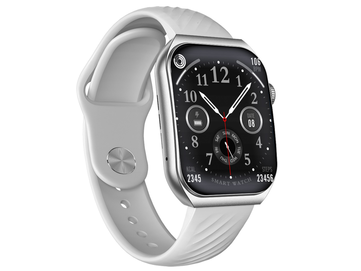 Eine silberne Smartwatch mit weißem Armband, die die Uhrzeit, Herzfrequenz und Schritte anzeigt.