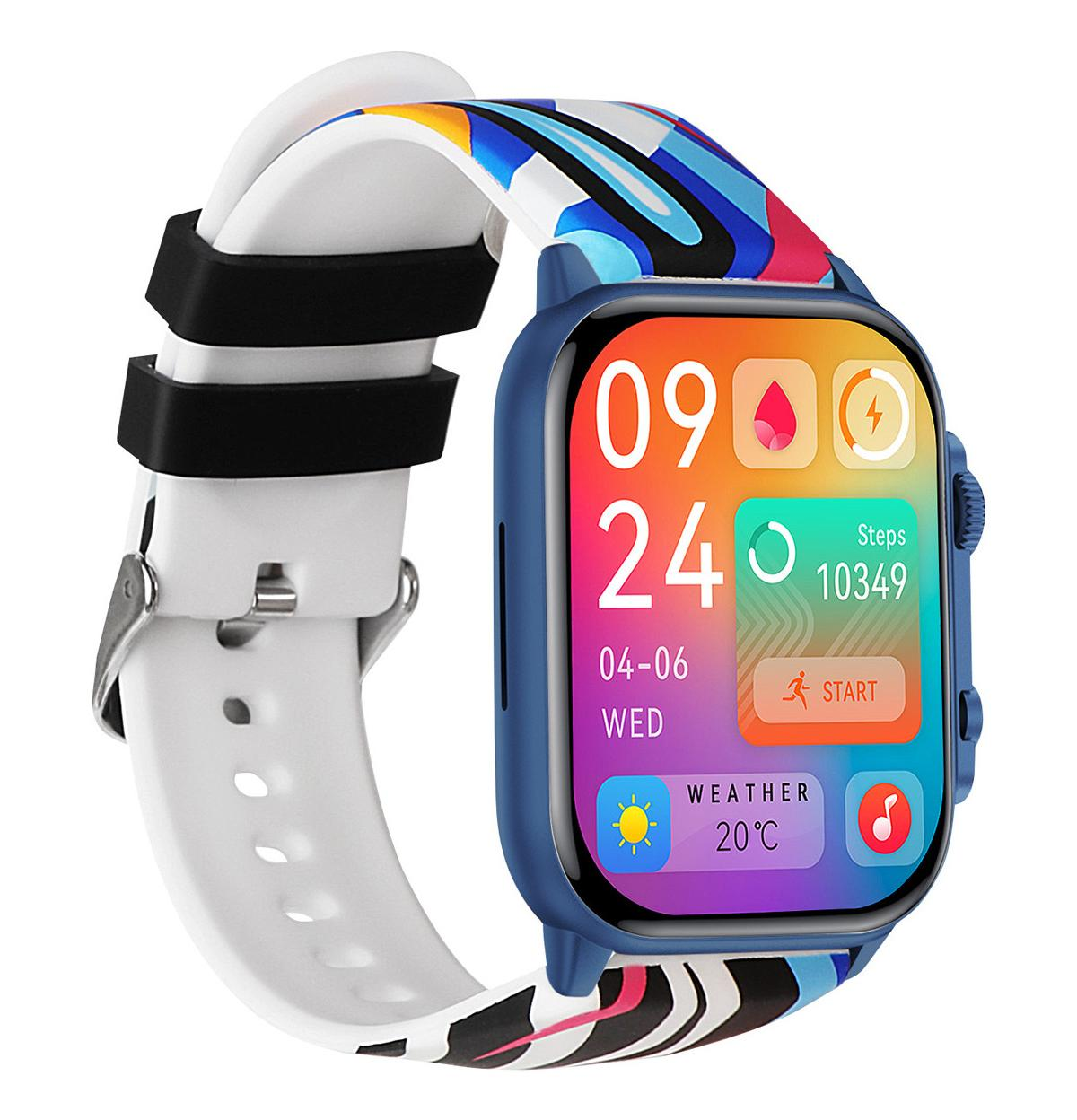 Smartwatch blu con cinturino colorato mostra ora, passi, data e meteo.