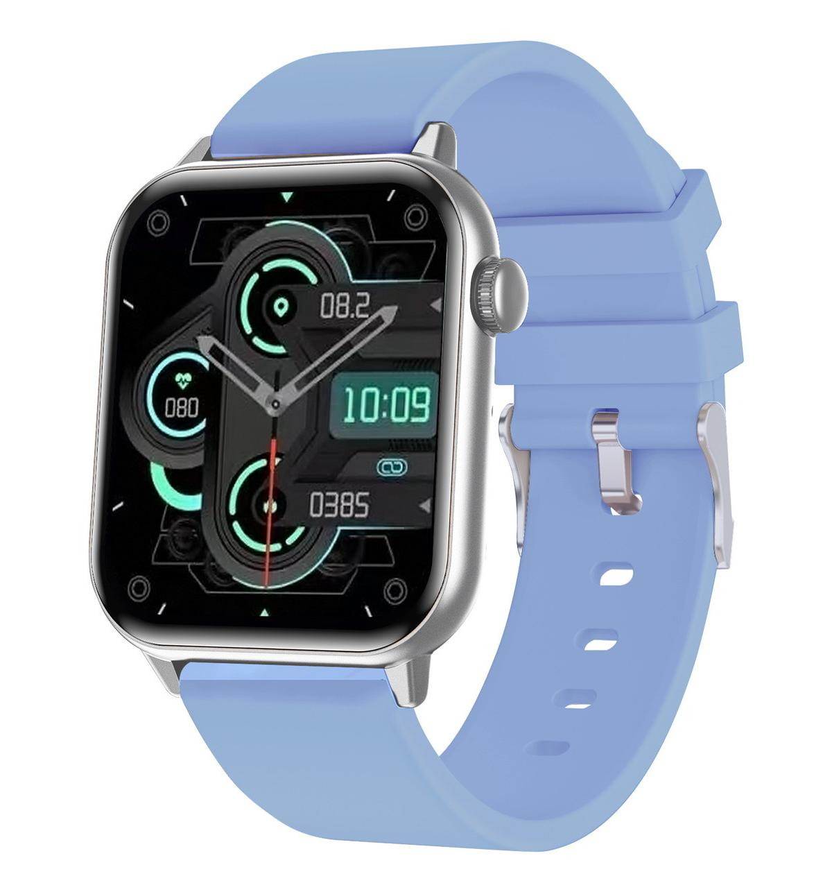Smartwatch argentato con cinturino blu che mostra le 10:09 e statistiche sanitarie.