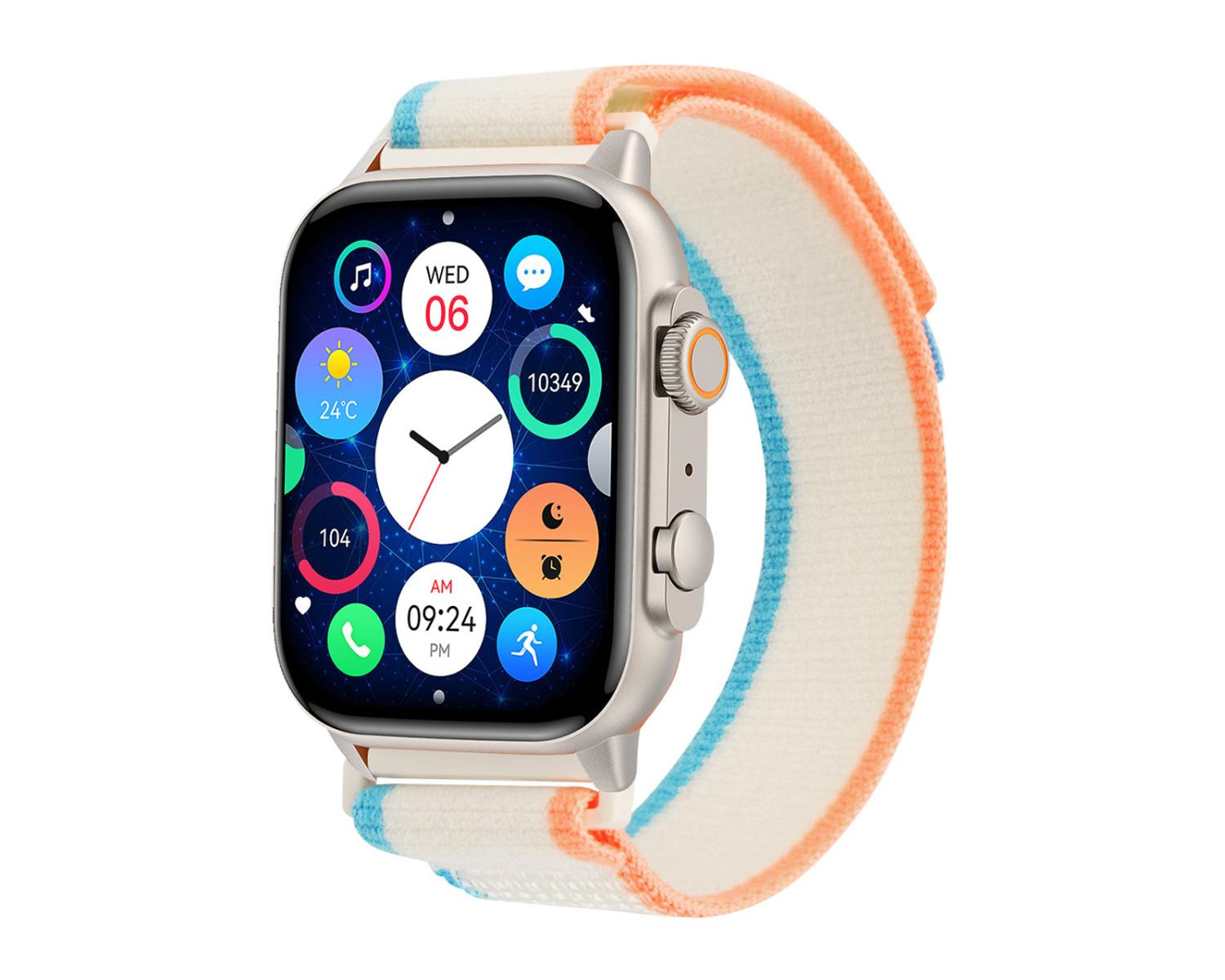 Graue Smartwatch mit mehrfarbigem Armband und buntem Zifferblatt mit Icons.