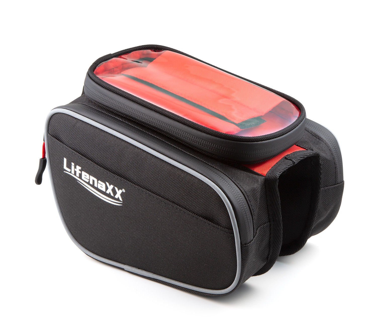 Bolso negro para bicicleta con forro rojo y compartimento superior transparente.