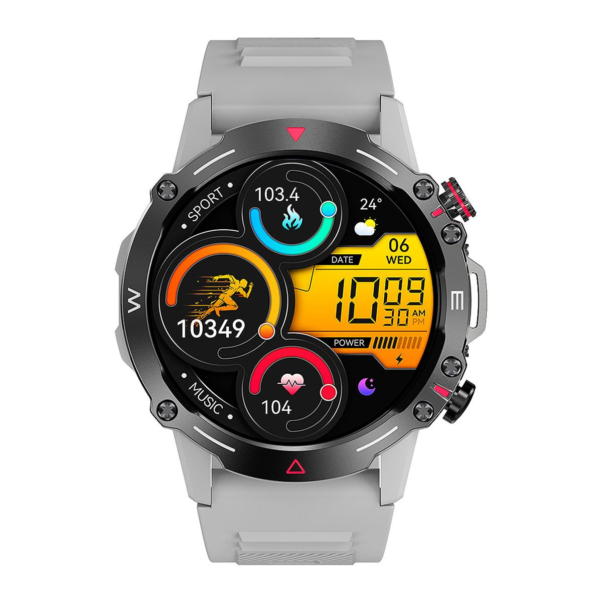 Uno smartwatch bianco mostra 103.4, 10349 passi, 104 bpm, 24°C e 10:09.