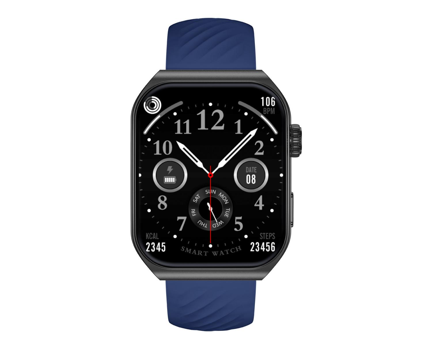 Eine schwarze Smartwatch mit blauem Armband zeigt 106 BPM und 2345 Kalorien an.