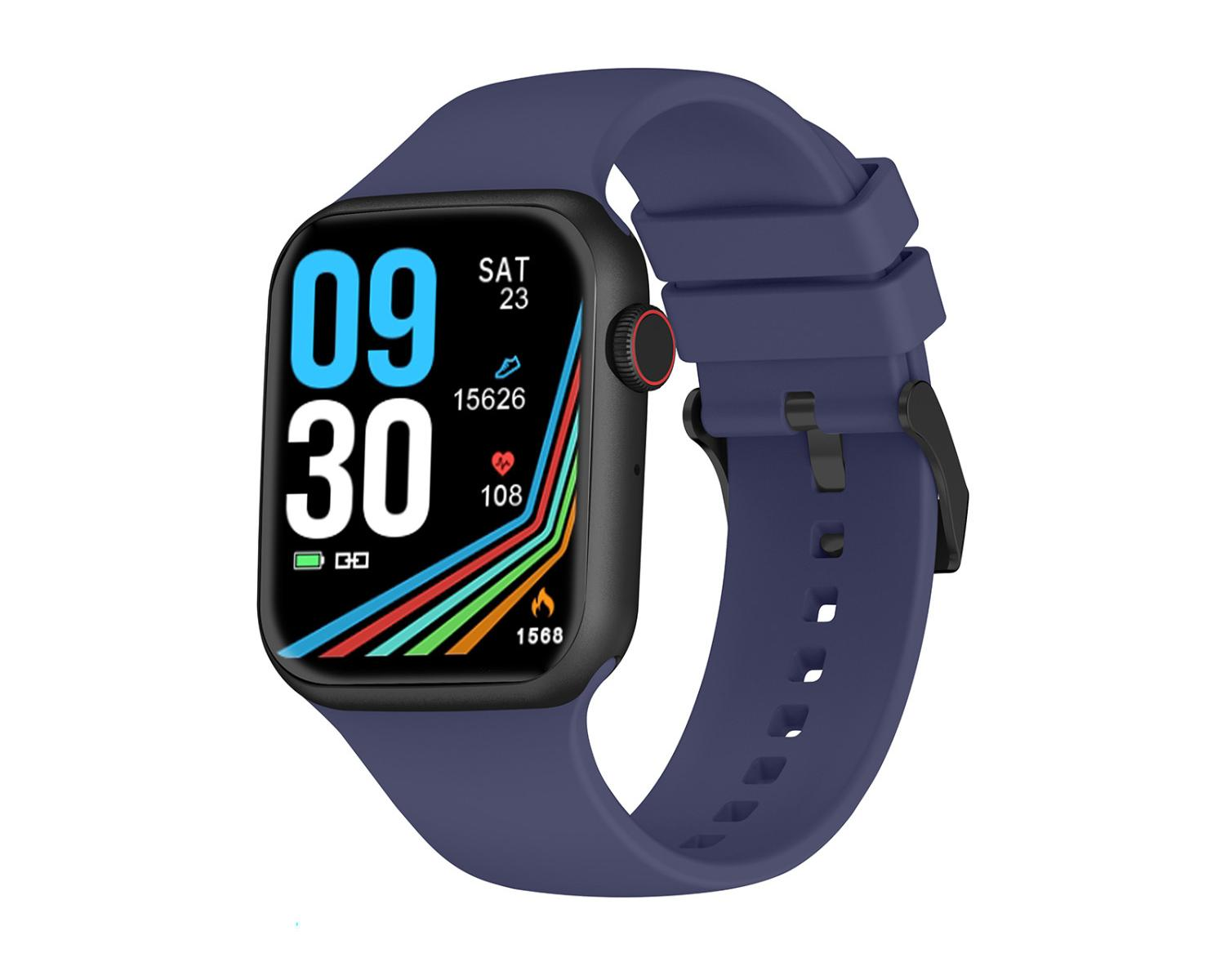 Uno smartwatch blu con ampio display mostra le 09:30, data e statistiche.