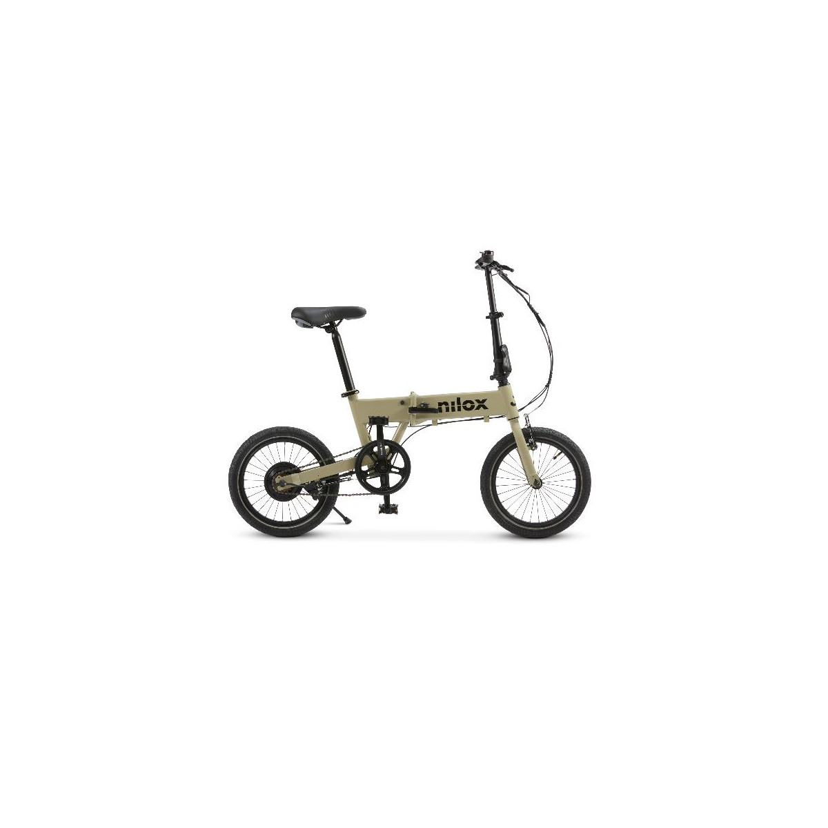 Una bicicleta plegable color canela con detalles negros se muestra sobre fondo blanco.