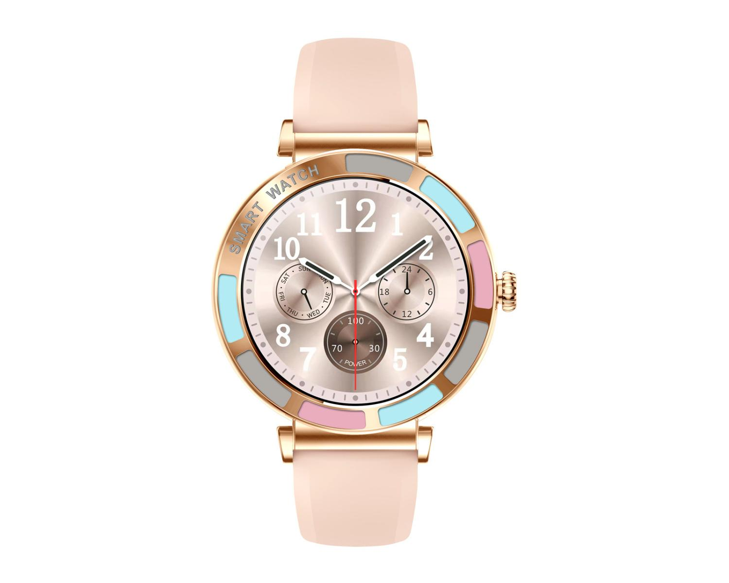 Smartwatch color oro rosa con cinturino rosa. Il quadrante mostra ora, data e livello di carica.