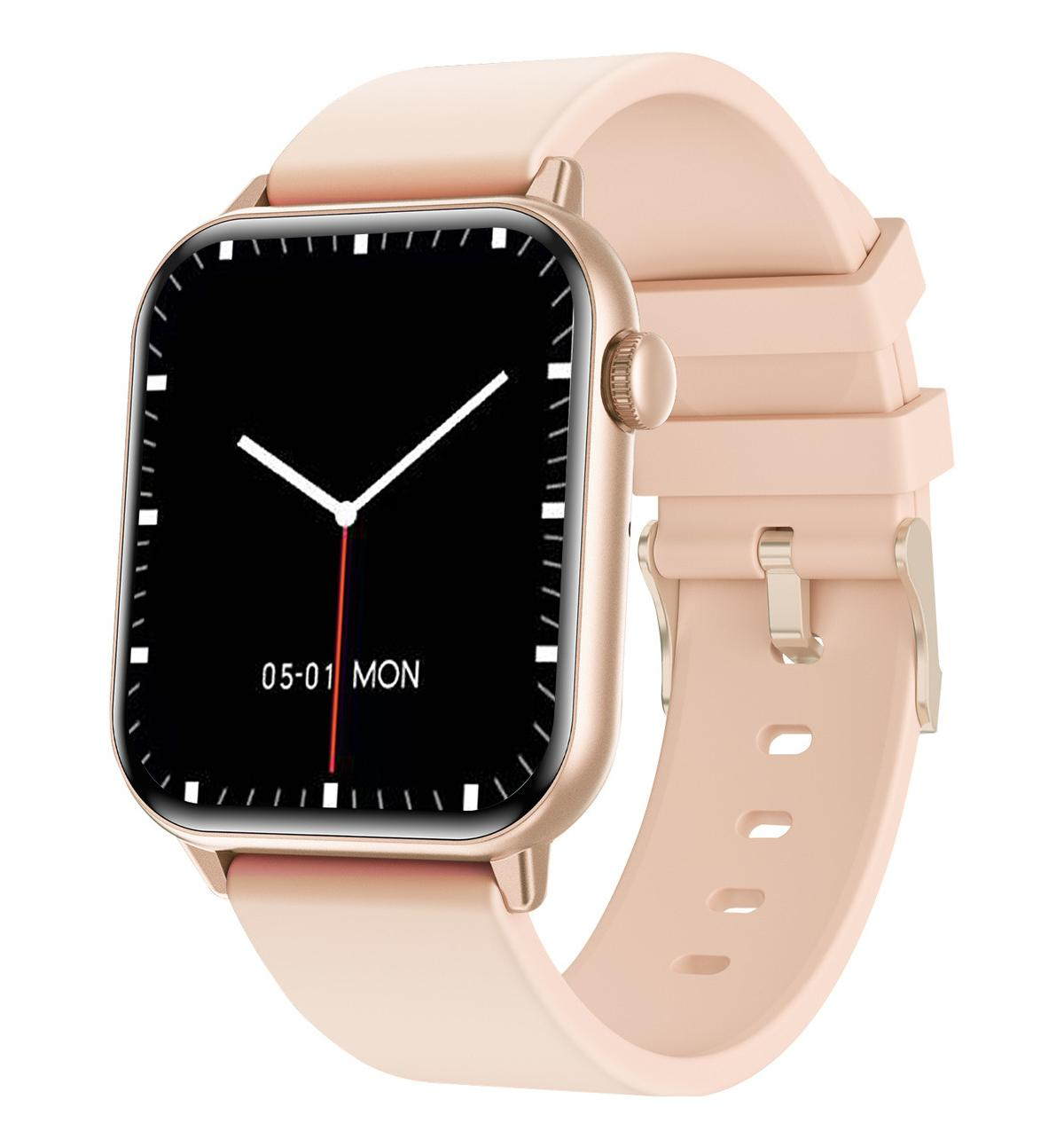 Eine rosafarbene Smartwatch mit quadratischem Zifferblatt und analoger Zeitanzeige.