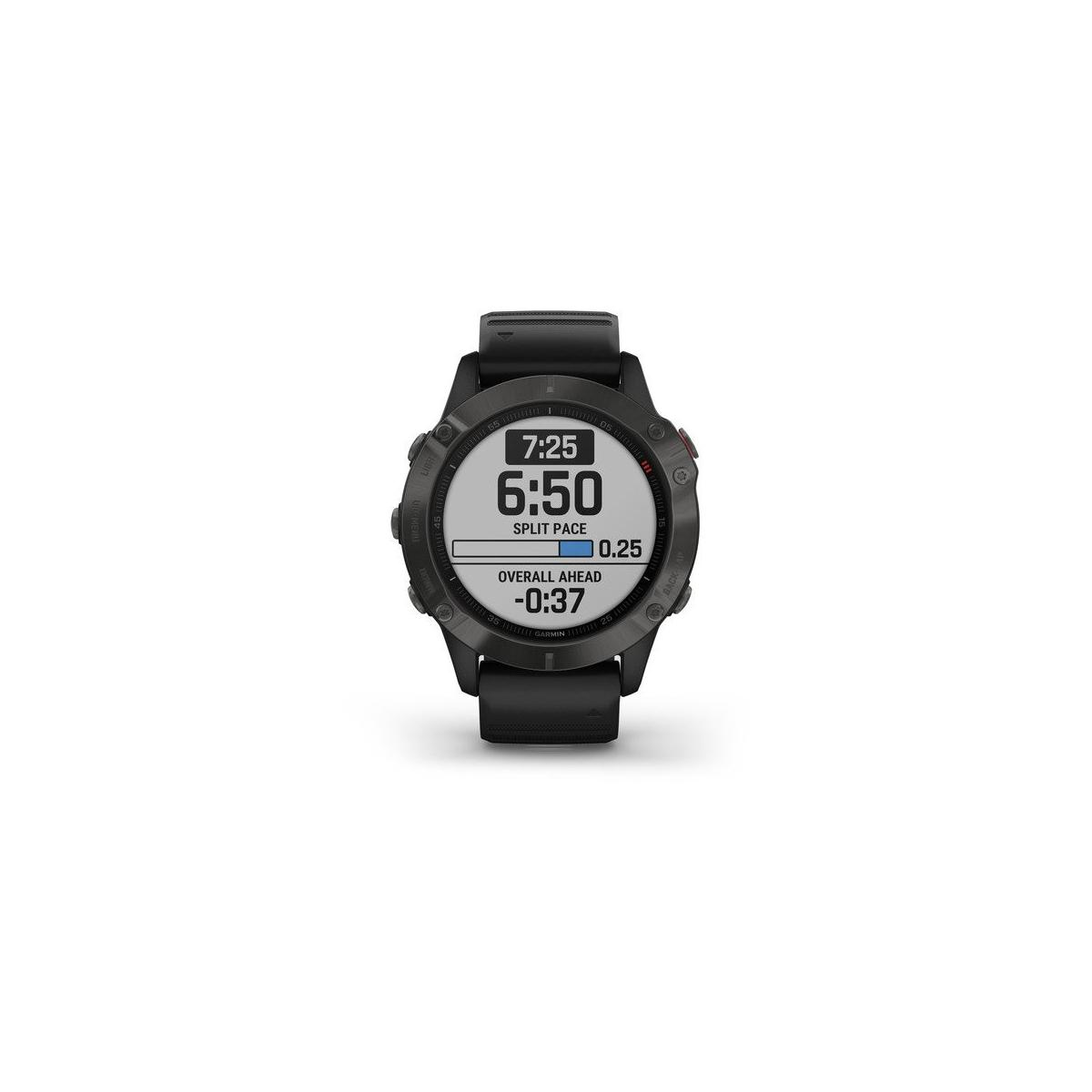 Schwarze Garmin Uhr mit rundem Display, das Zwischenzeit und Zeit anzeigt.