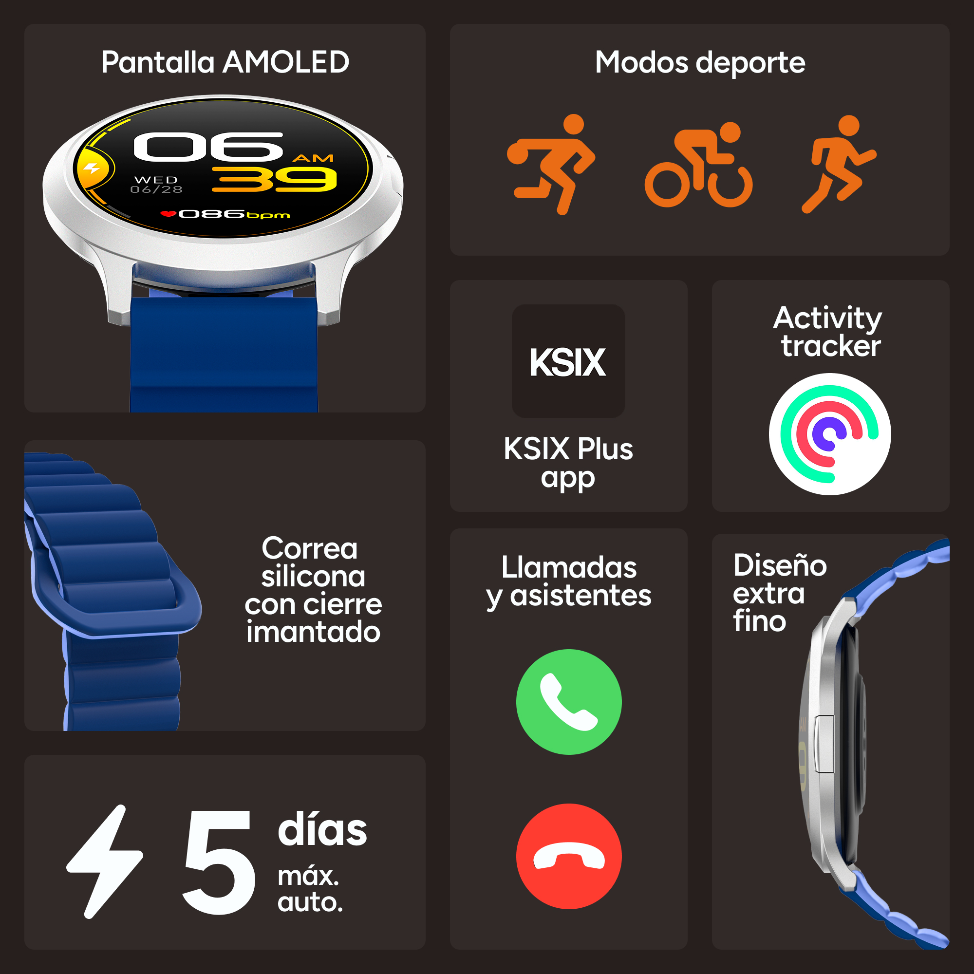 Smartwatch con pantalla AMOLED, modos deporte, rastreador actividad, llamadas, app y 5 días.