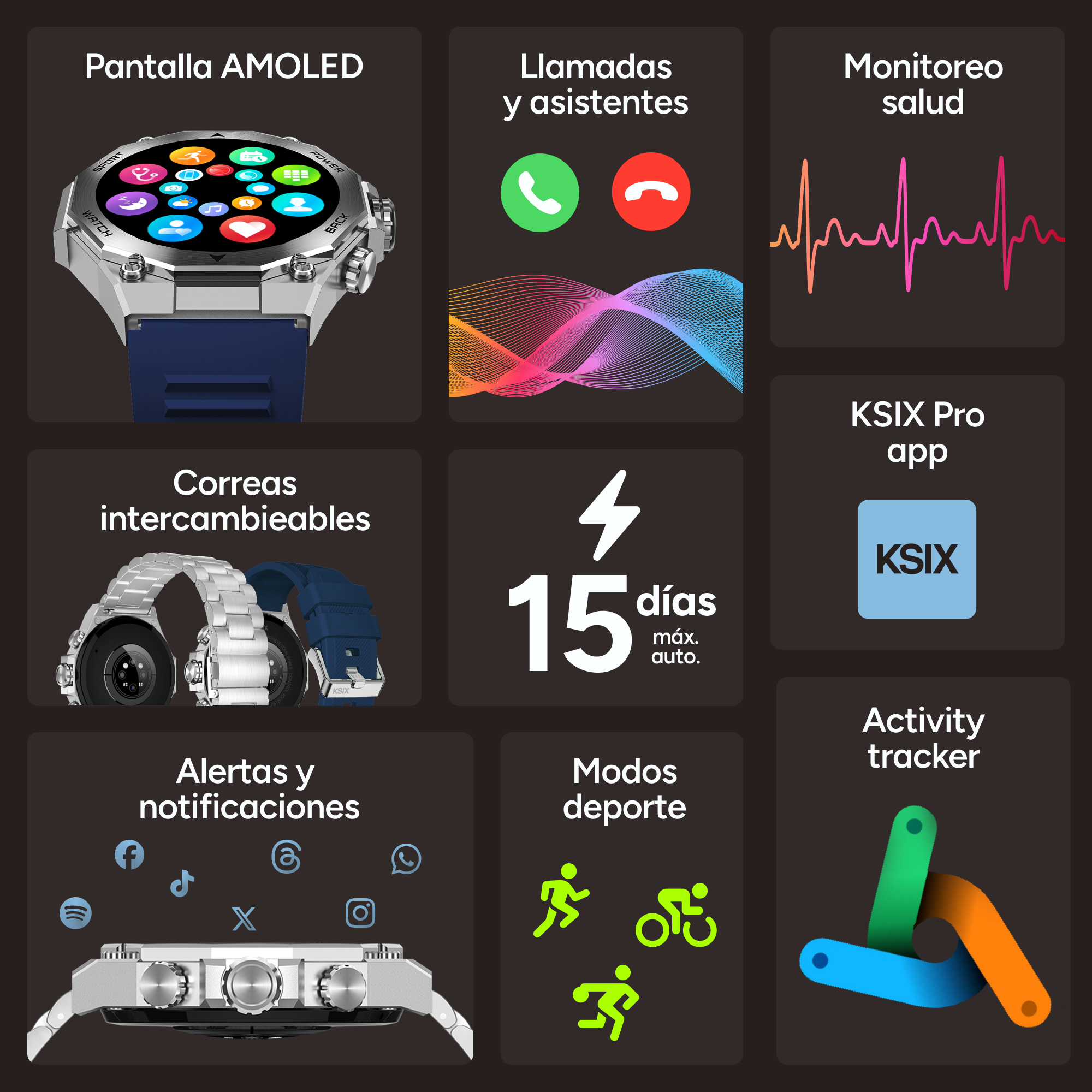 Smartwatch con schermo AMOLED, funzioni di chiamata, monitoraggio salute e cinturini intercambiabili.