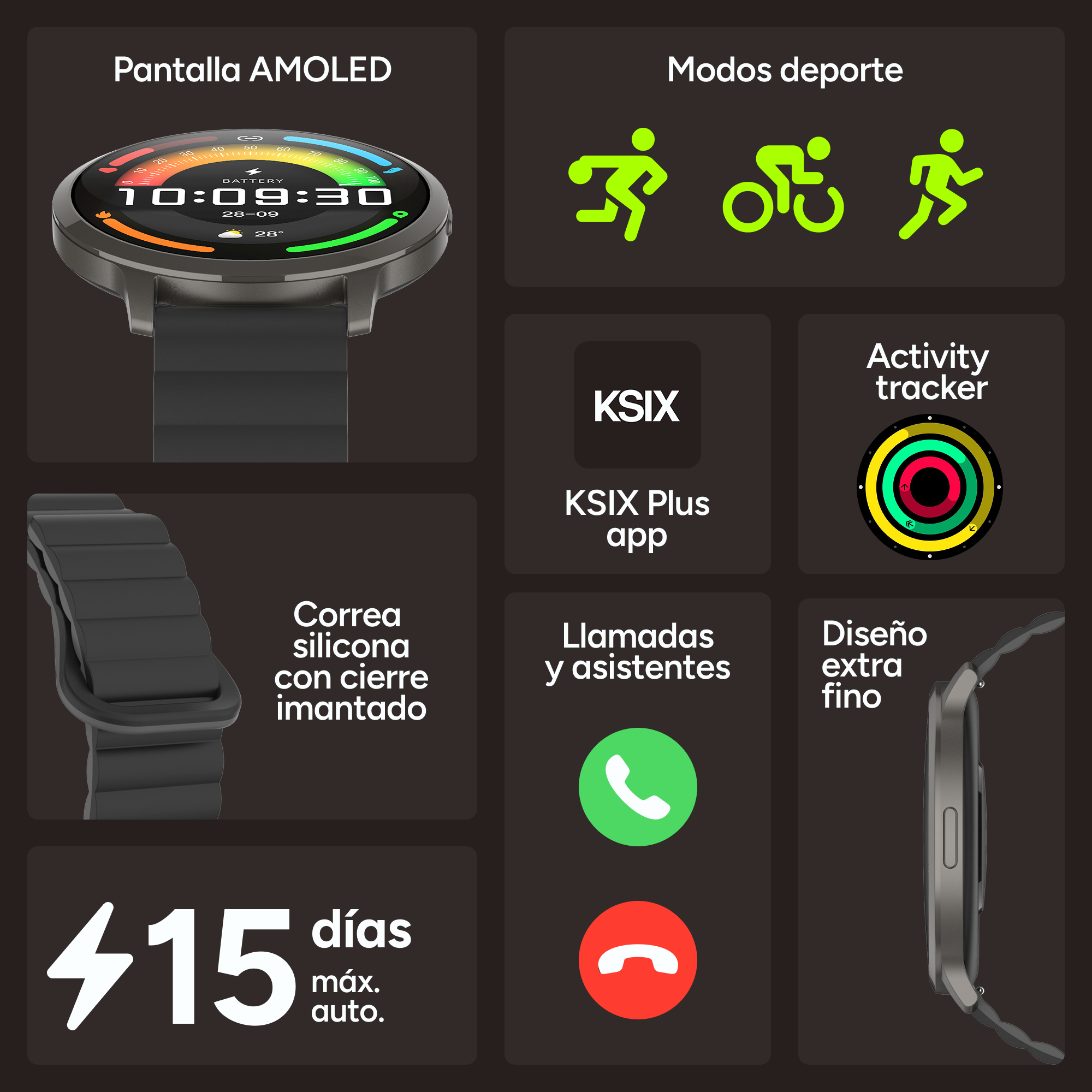 Smartwatch con display AMOLED, modalità sport, app, chiamate, activity tracker.