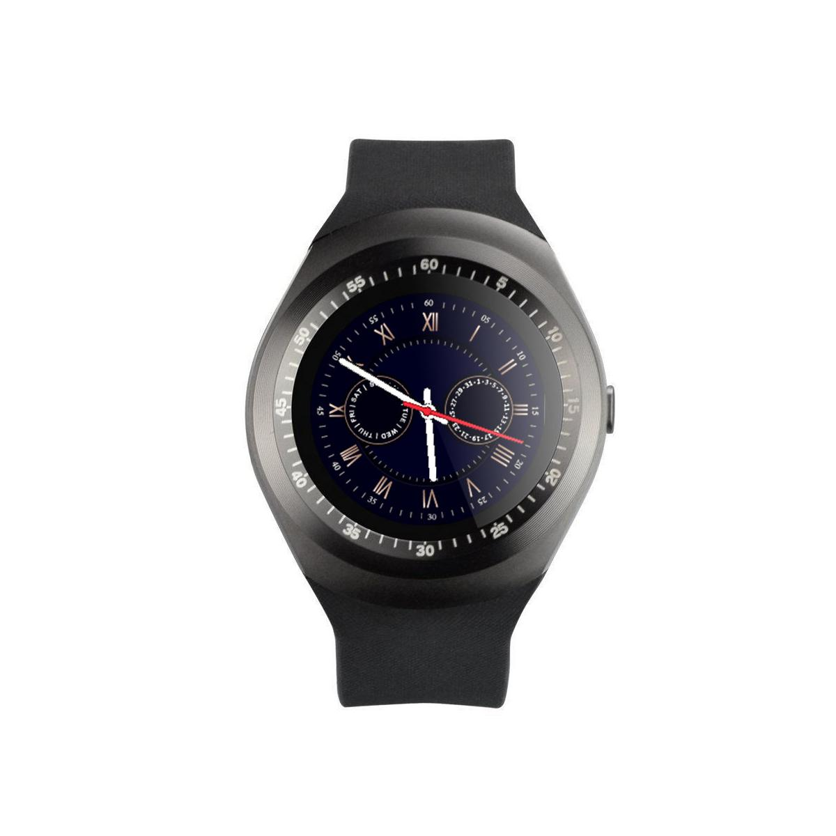 Uno smartwatch nero con quadrante rotondo e cinturino nero.