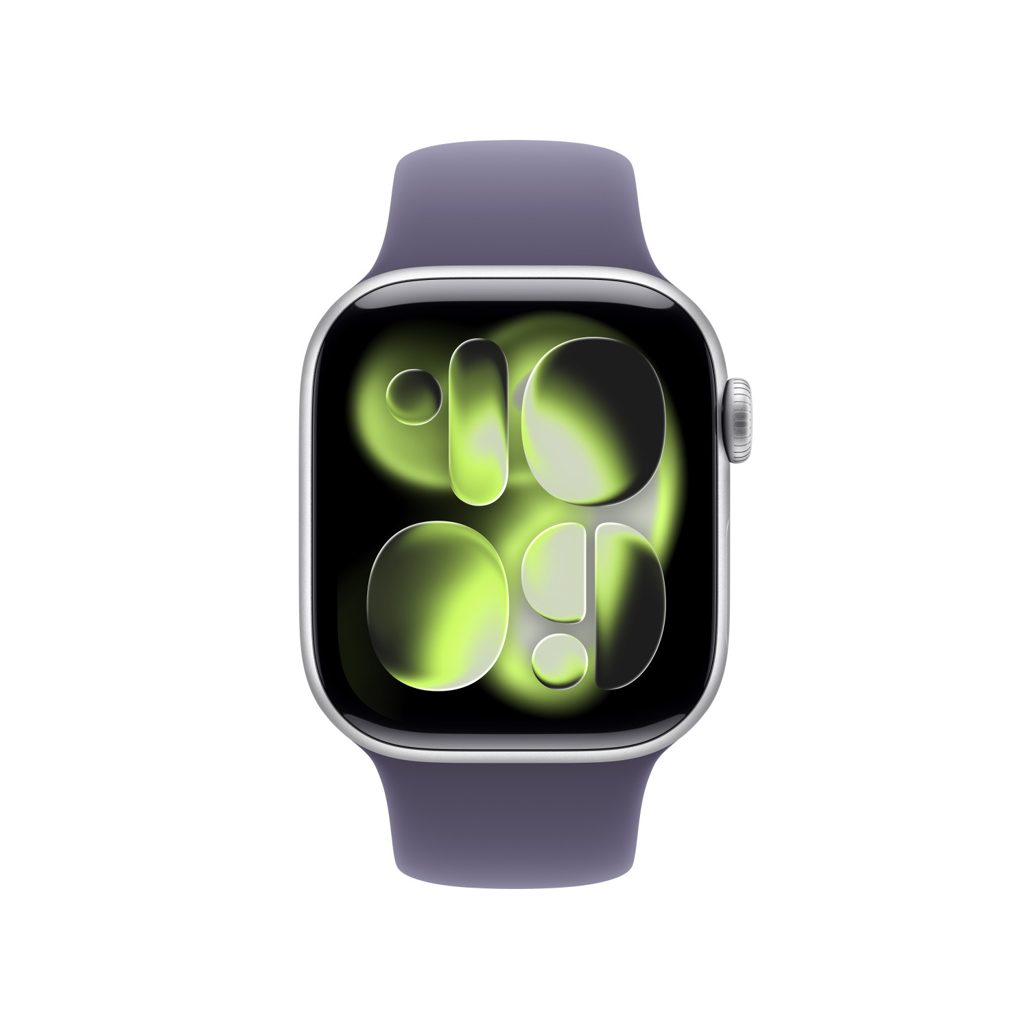 Uno smartwatch grigio-blu con quadrante scuro e forme verdi astratte.