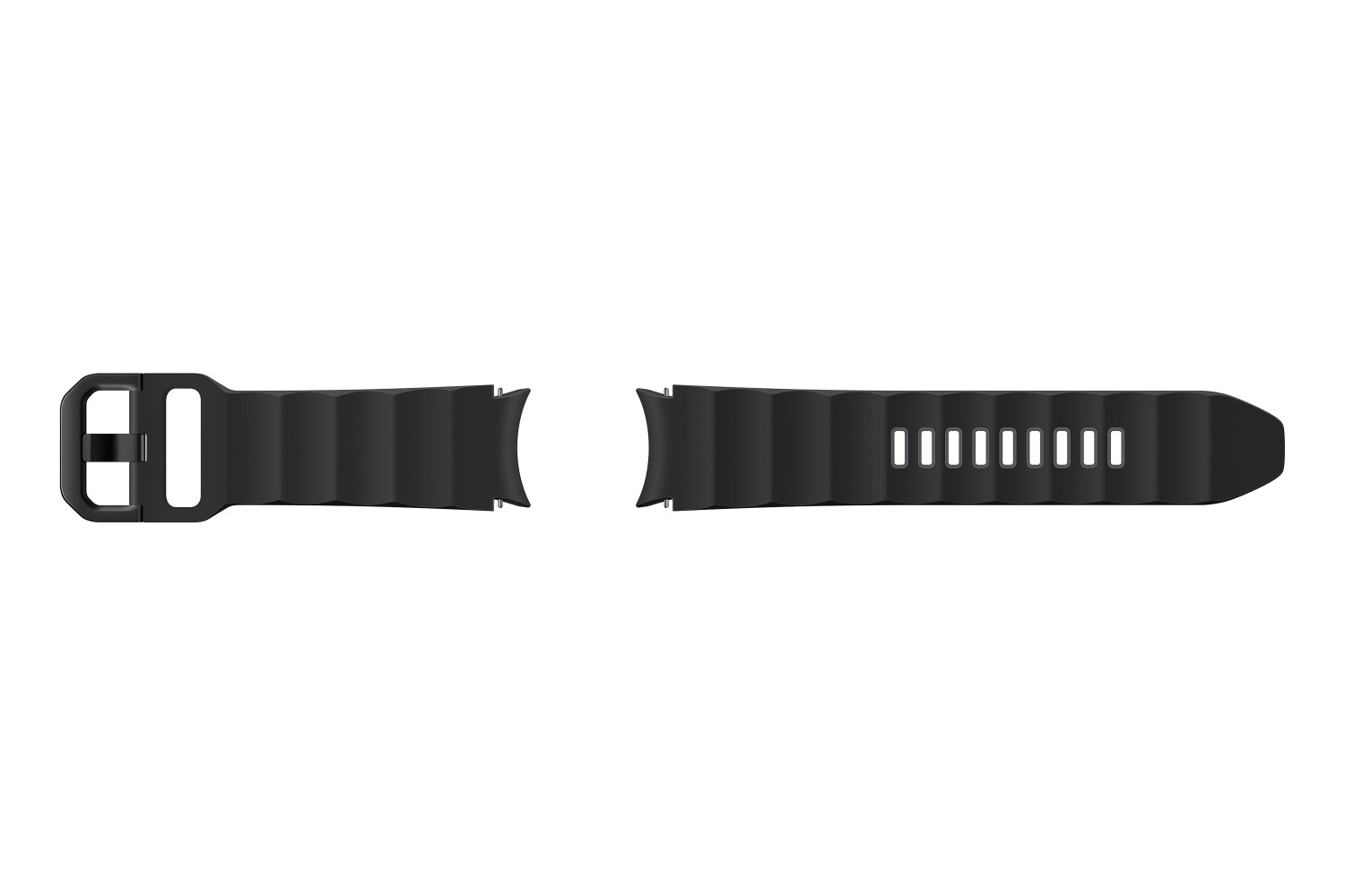 Ein schwarzes Armband mit Schnalle und Rillen, getrennt in zwei Teile.