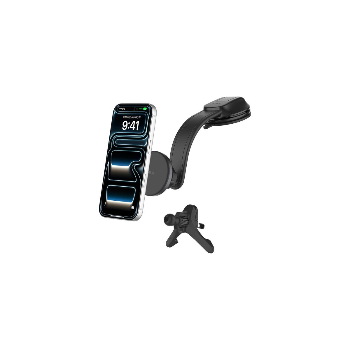 Un supporto nero per iPhone con ventosa e clip per bocchetta.