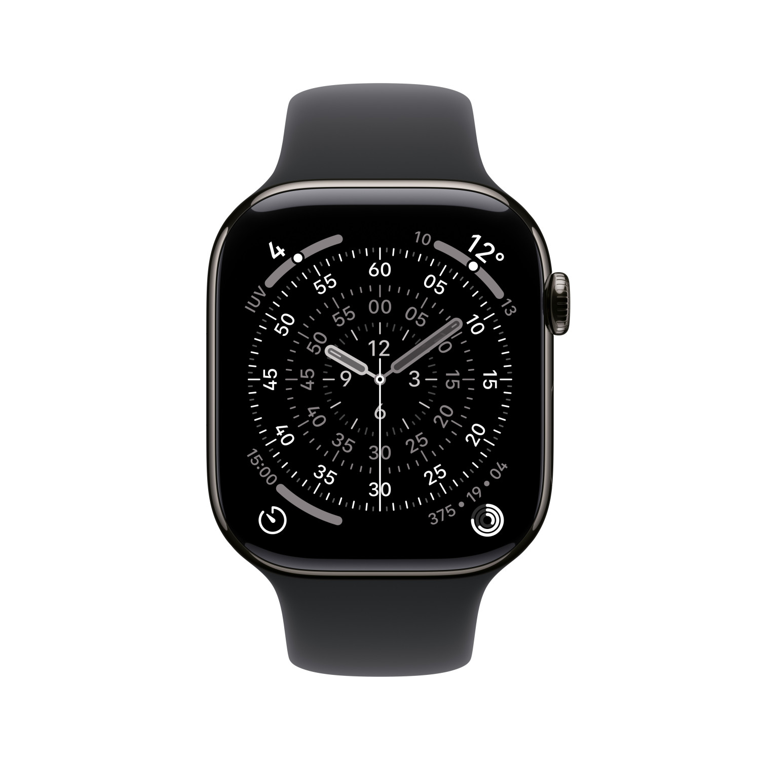 Un reloj inteligente oscuro con esfera negra y manecillas plateadas.
