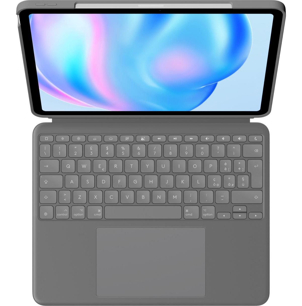 Un tablet grigio con custodia tastiera attaccata. La metà superiore mostra lo schermo con grafica colorata.