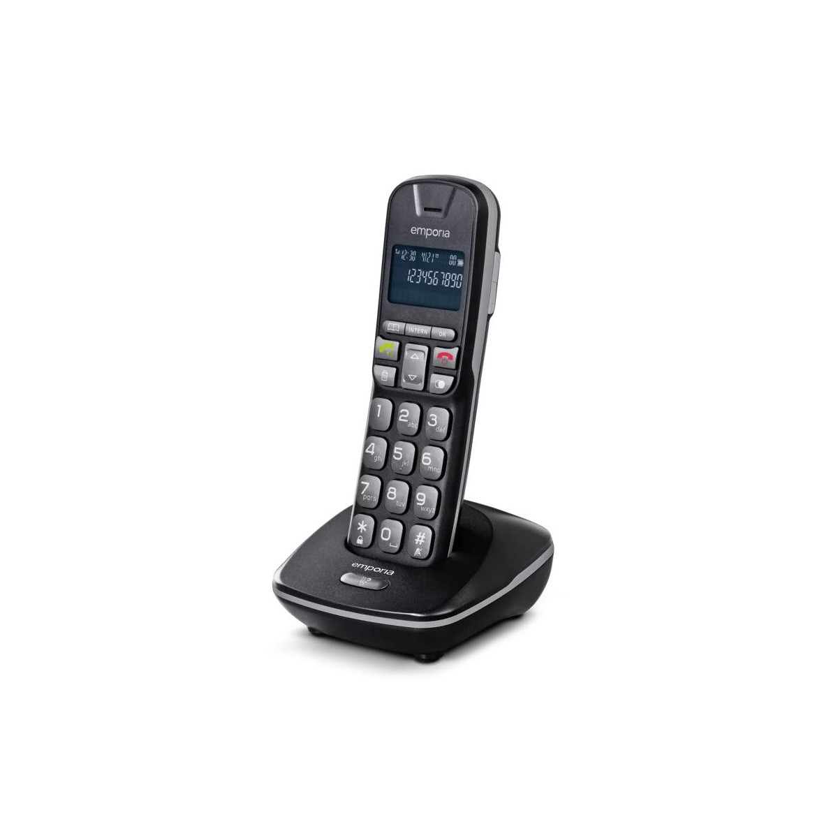 Un telefono cordless nero Emporia con schermo digitale e tastierino numerico su una base di ricarica.