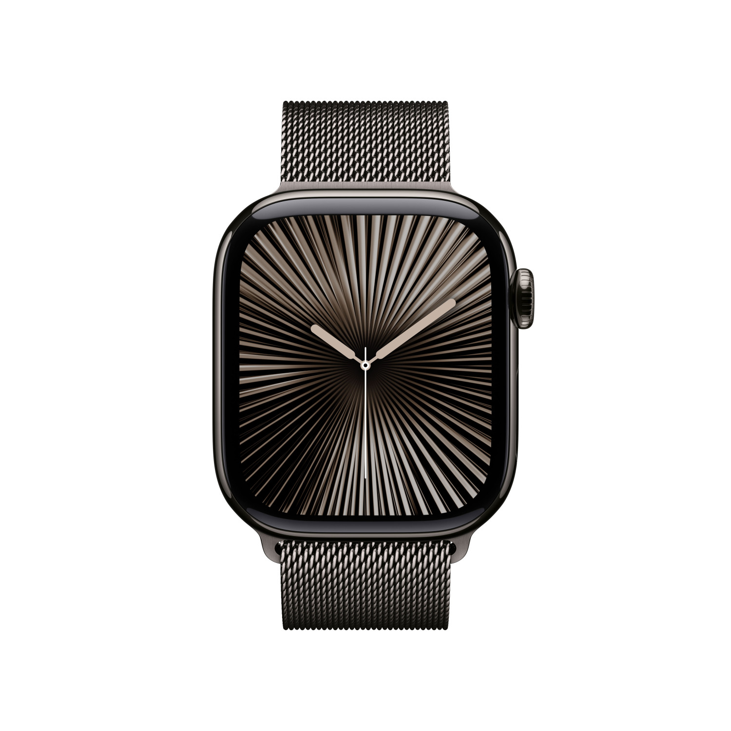 Uno smartwatch nero con cinturino milanese e quadrante grafico.