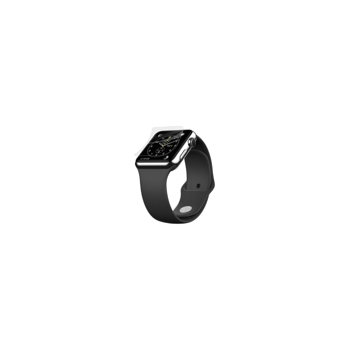 Uno smartwatch nero con cassa argentata e display digitale che mostra l'ora.