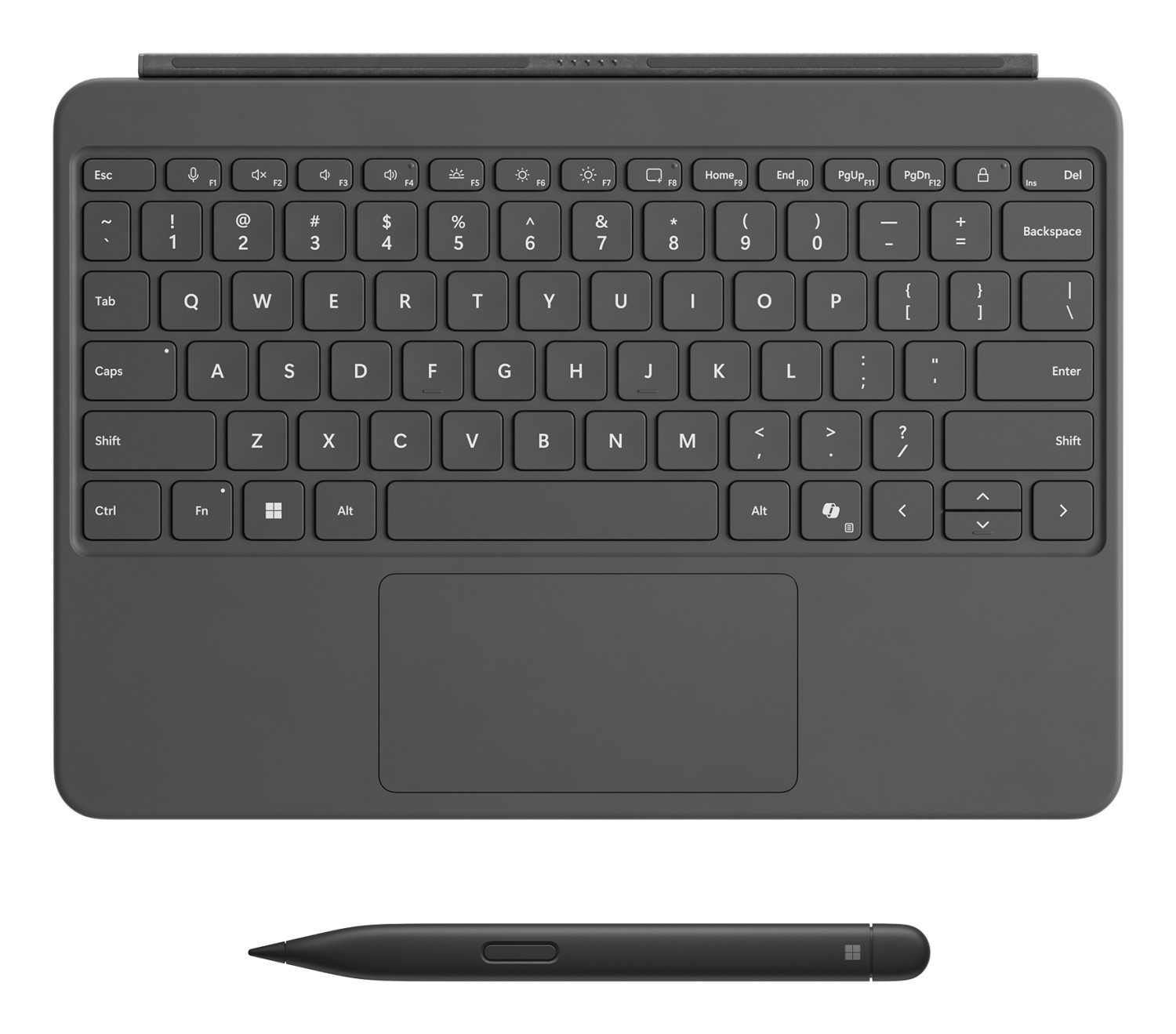 Una tastiera e uno stilo grigio scuro, con layout QWERTY completo e touchpad.