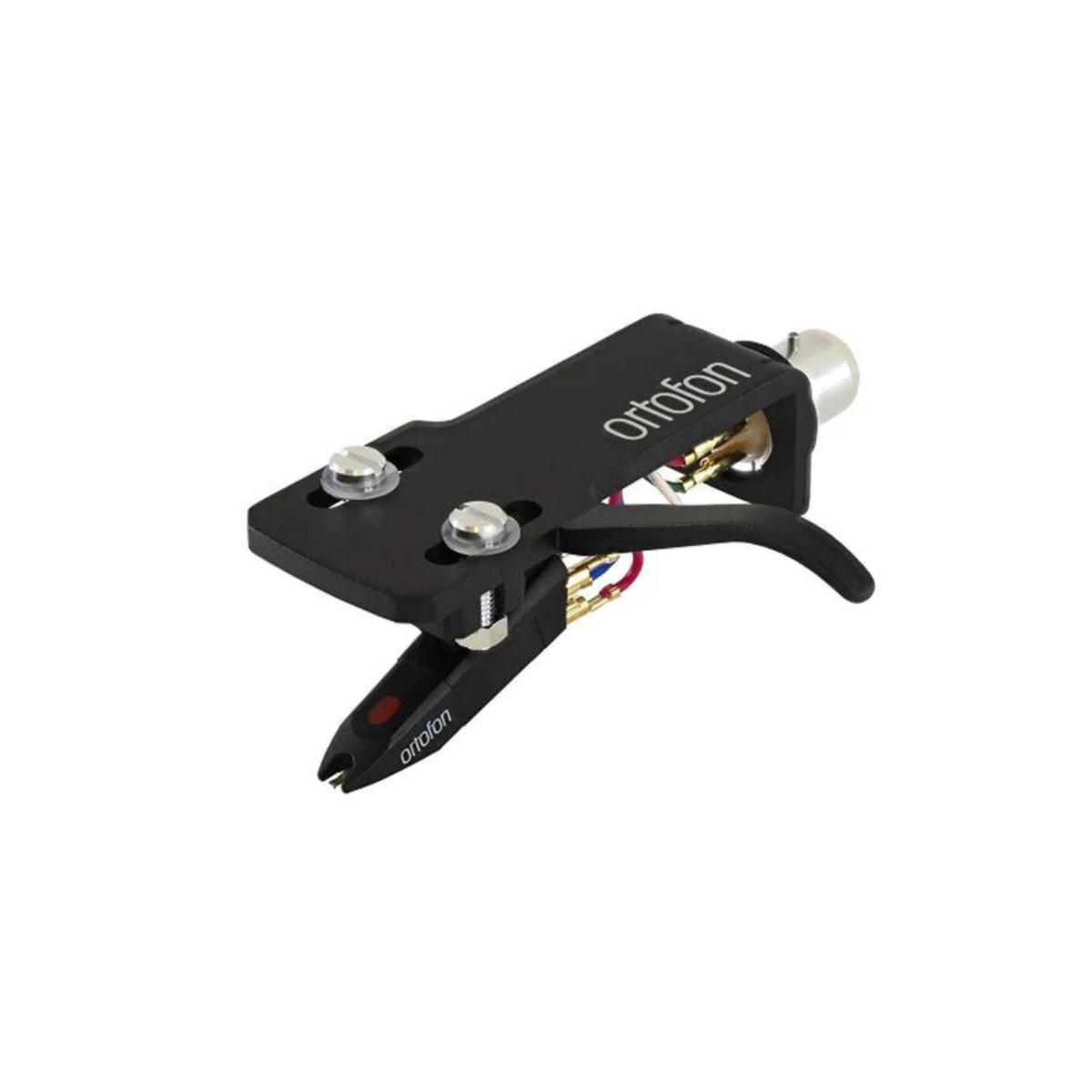 Cellule Ortofon noire avec aiguille et vis sur fond blanc.