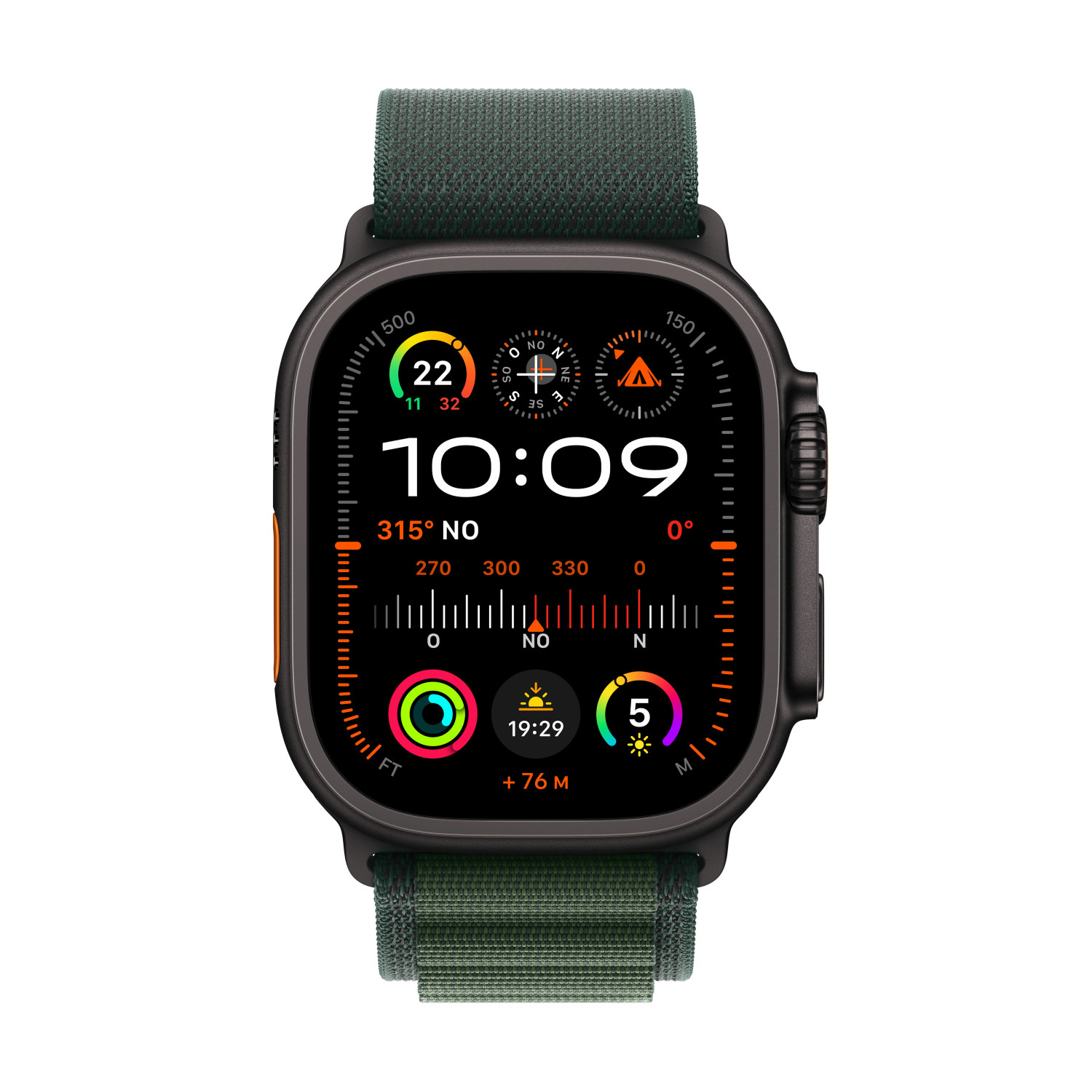 Uno smartwatch nero con cinturino verde scuro mostra le 10:09.