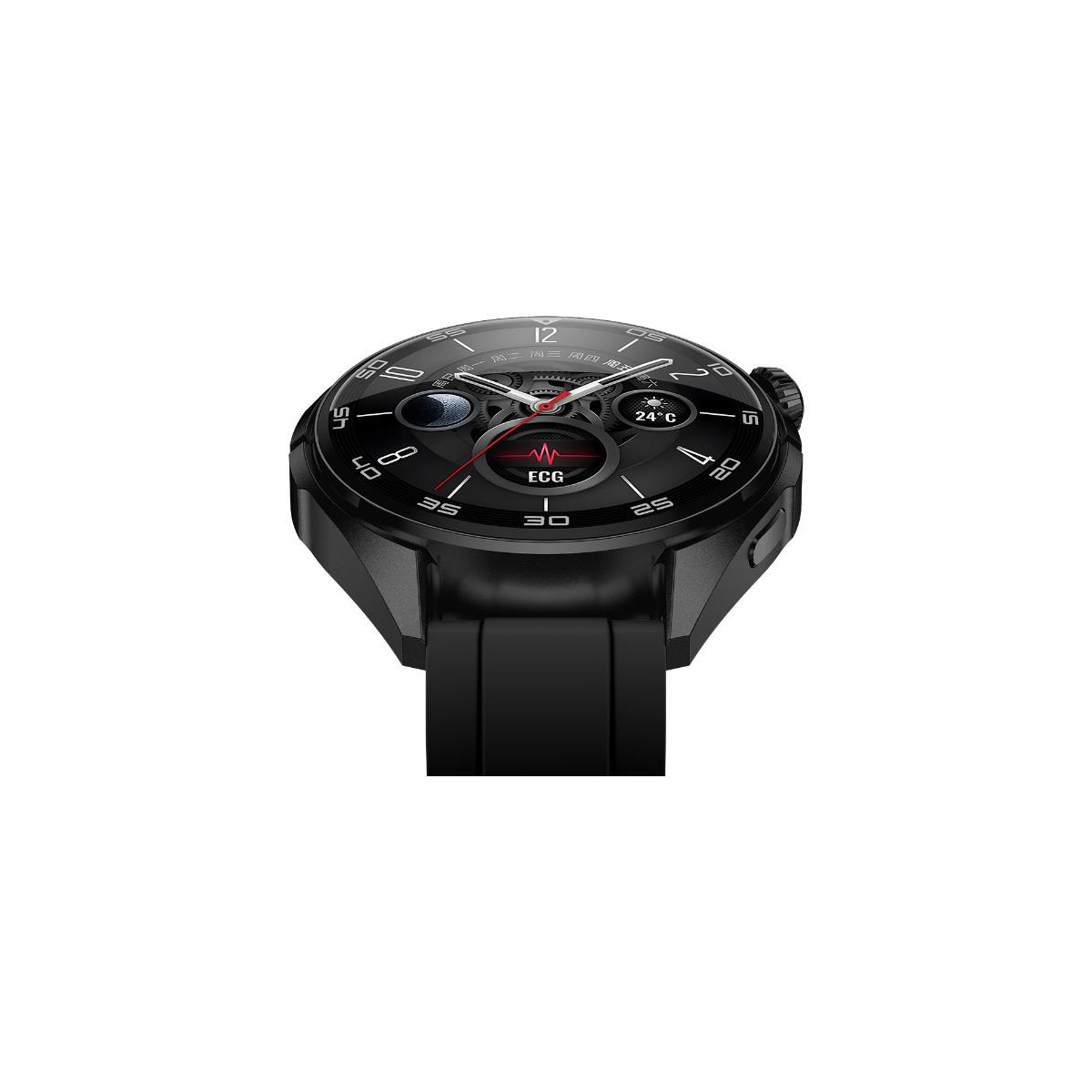 Smartwatch nero con cinturino nero, mostra 24°C e un ECG.