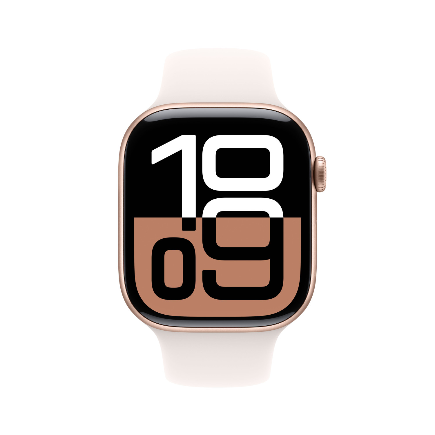 Uno smartwatch dorato con cinturino bianco mostra le 10:09.