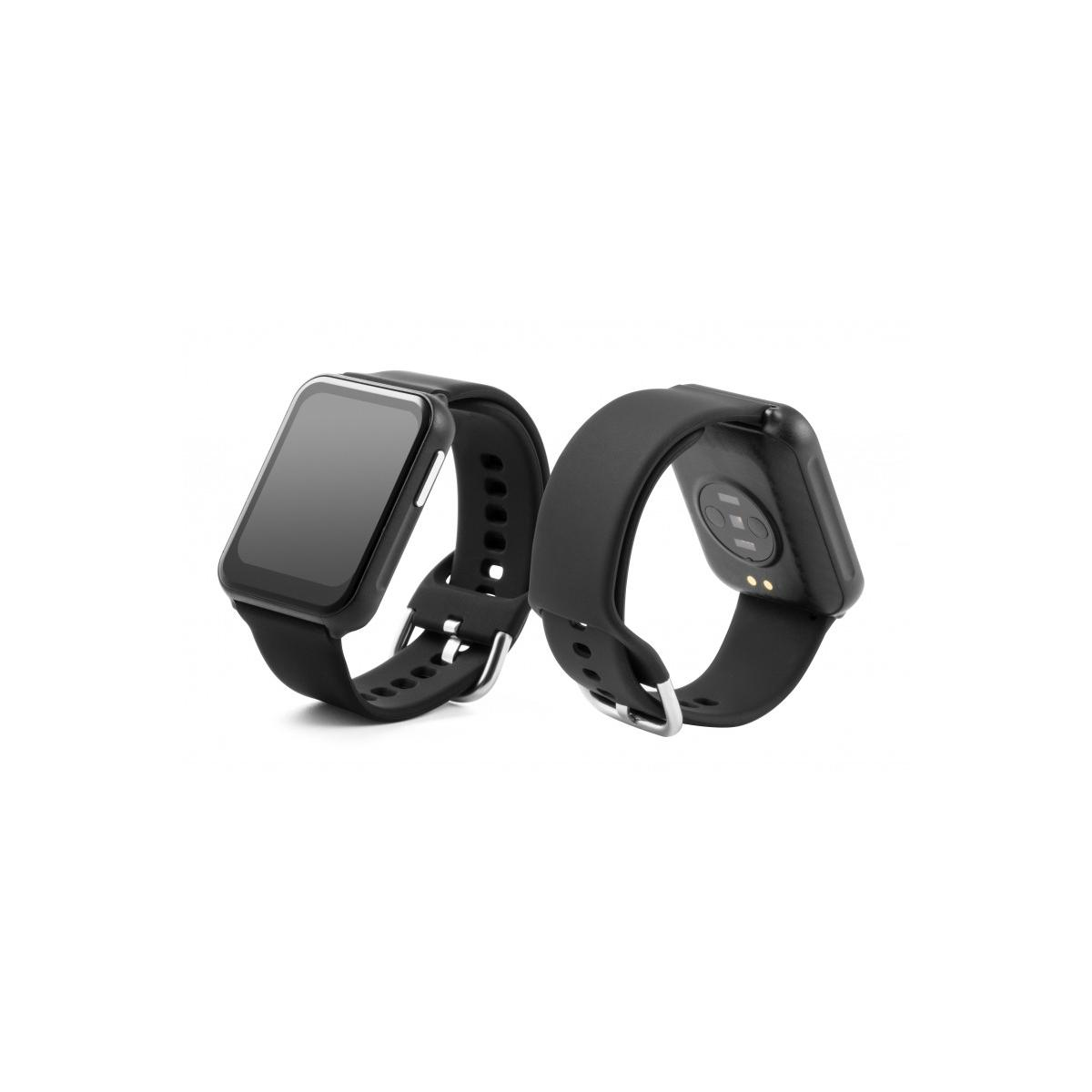 Zwei schwarze Smartwatches mit Silikonarmbändern, weiße Oberfläche.