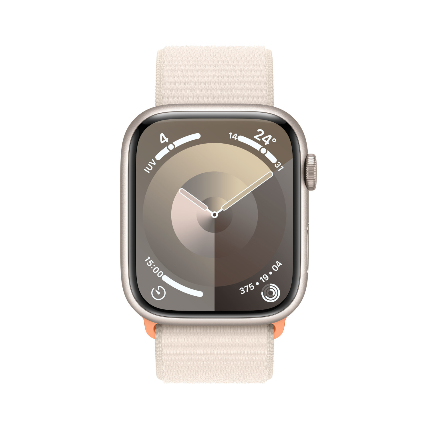 Un reloj inteligente plateado con banda tejida beige y acento naranja. La pantalla muestra hora y clima.