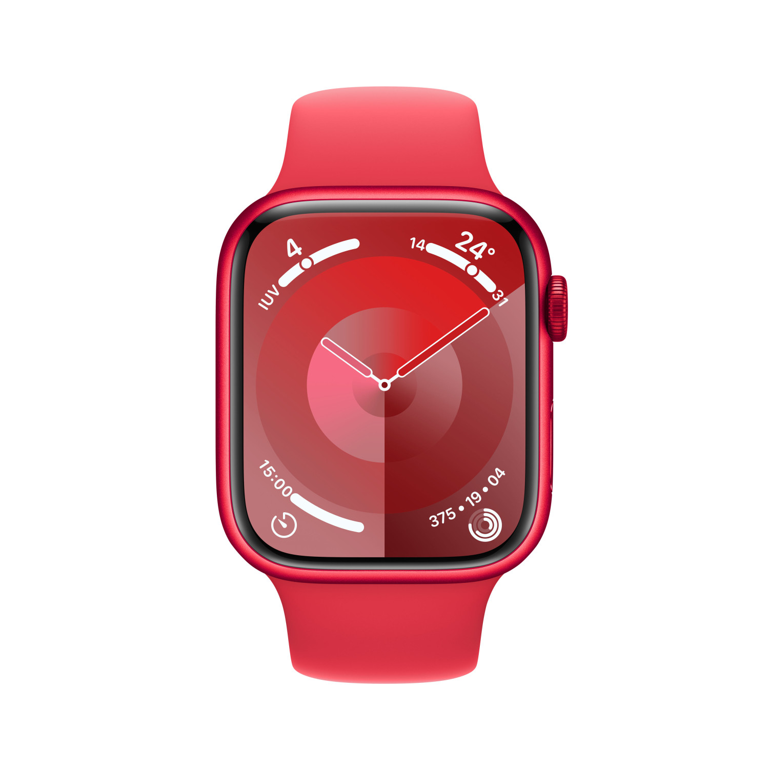Reloj inteligente rojo con correa roja, muestra hora, temperatura y datos de actividad.