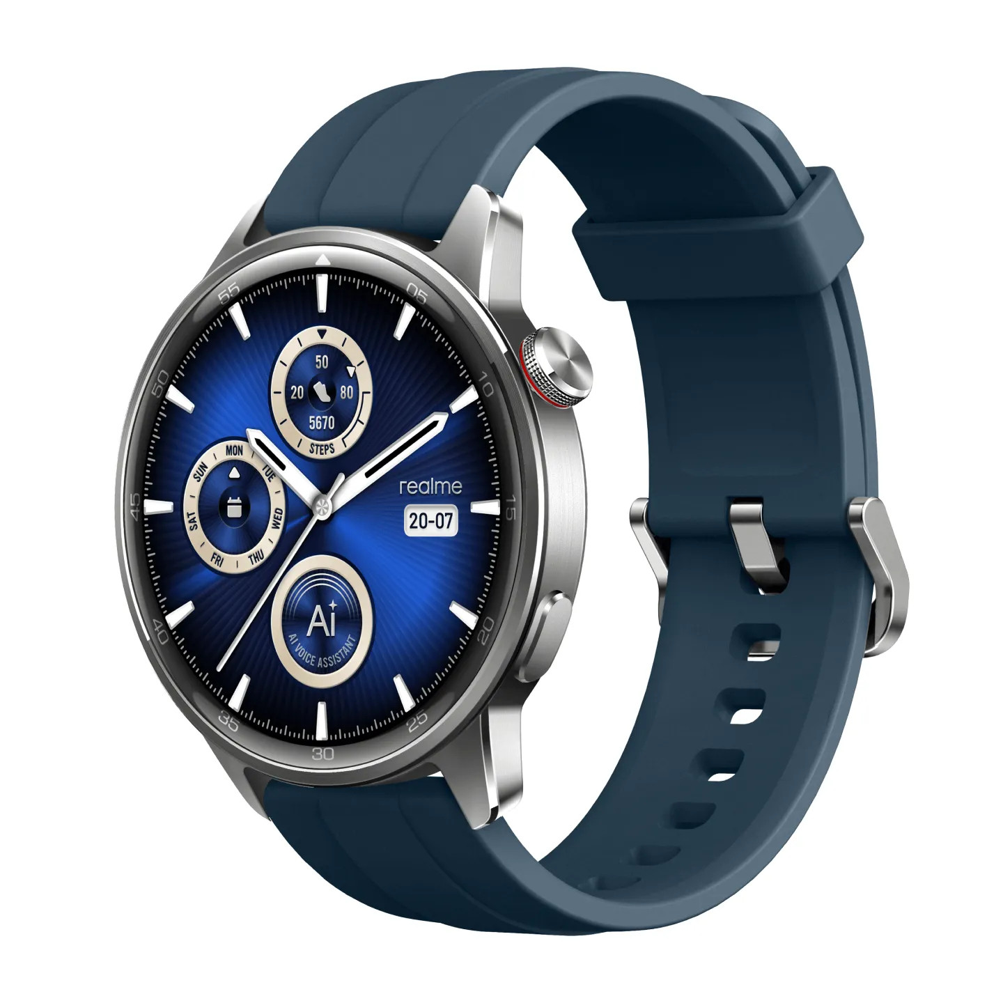 Eine blaue Smartwatch mit silbernem Gehäuse und Silikonarmband.