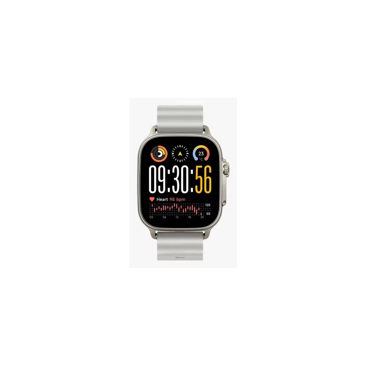 Uno smartwatch argentato mostra 09:30:56, 98 bpm di frequenza cardiaca e 23°C.