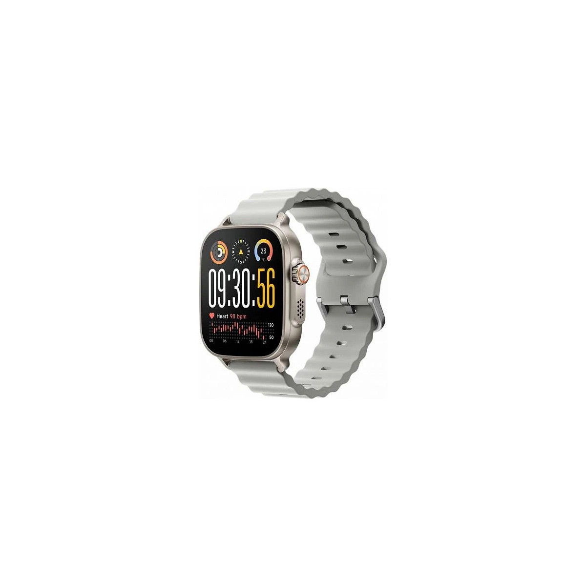 Smartwatch grigio che mostra 09:30:56, battito cardiaco 98 bpm, 23 gradi.