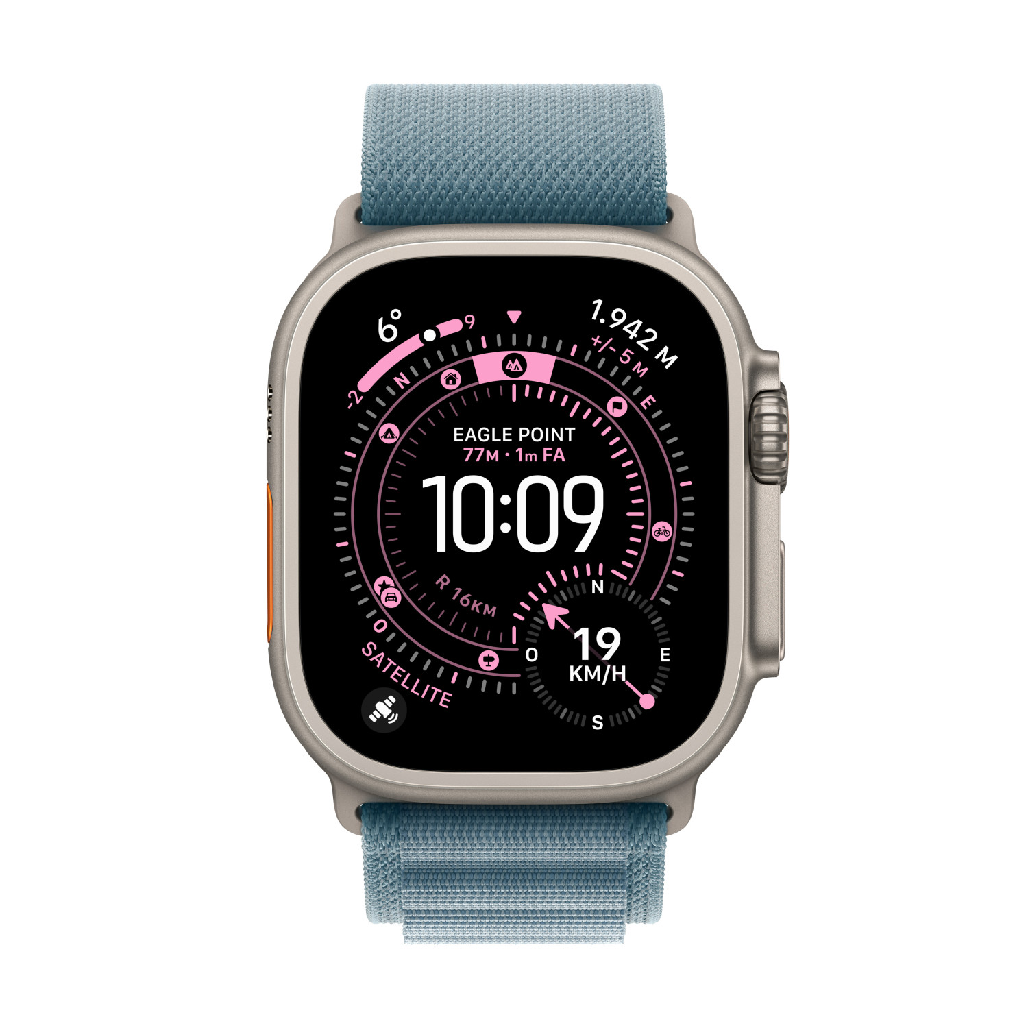 Un Apple Watch Ultra grigio con cinturino in tessuto blu mostra le 10:09, 19 km/h.