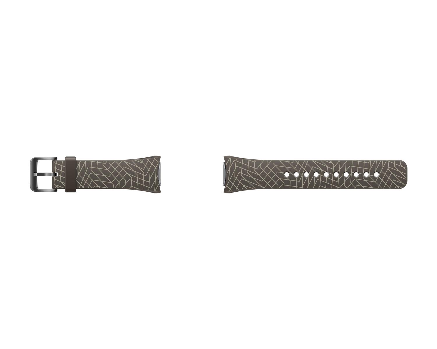 Correa de reloj gris con patrón geométrico y hebilla, sobre fondo blanco.