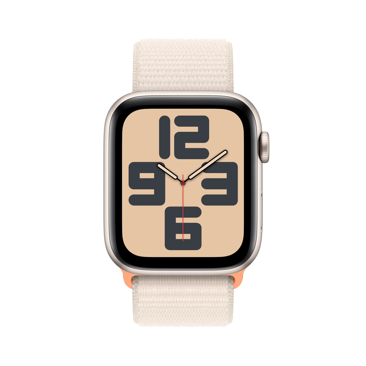 Uno smartwatch argentato con cinturino in tessuto chiaro e quadrante beige.
