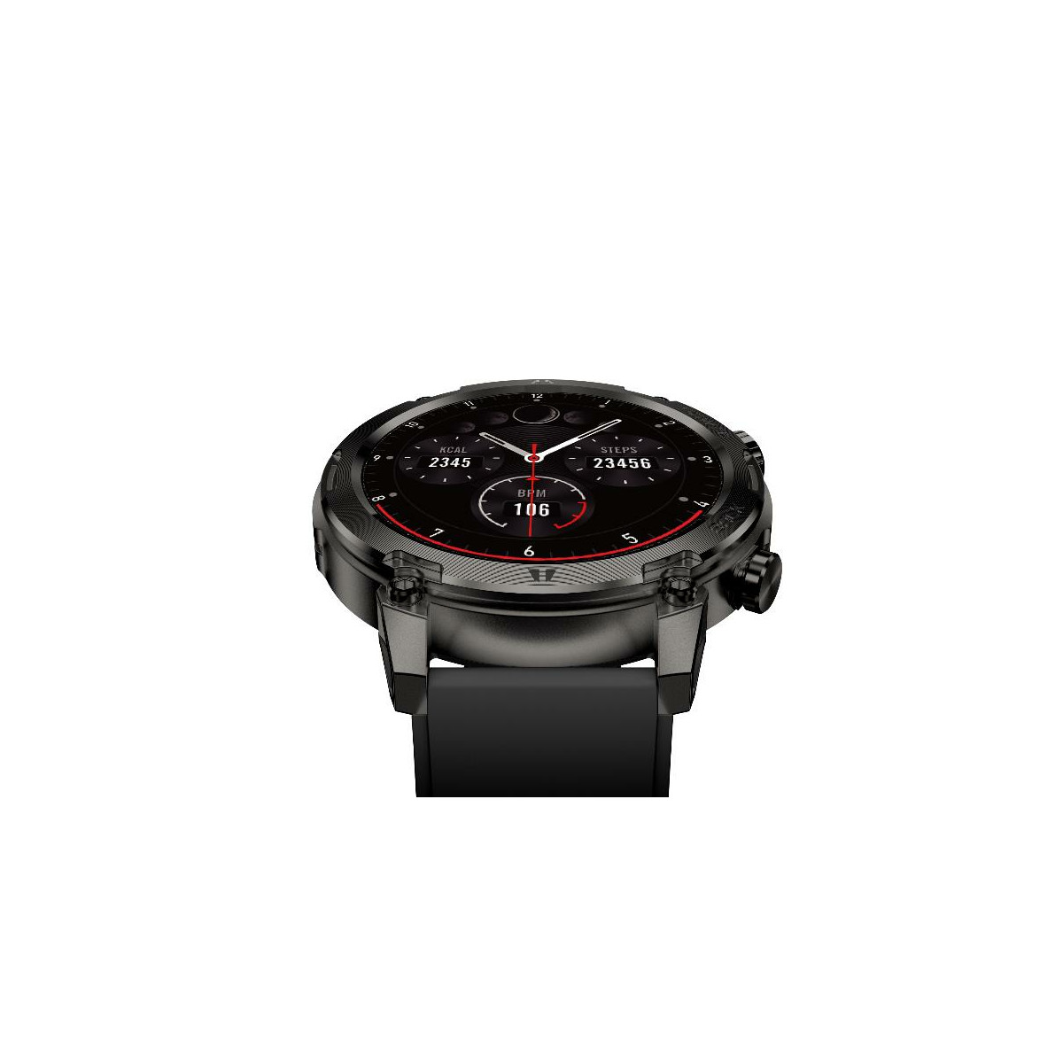 Uno smartwatch nero che mostra calorie, passi e battito cardiaco sul display.