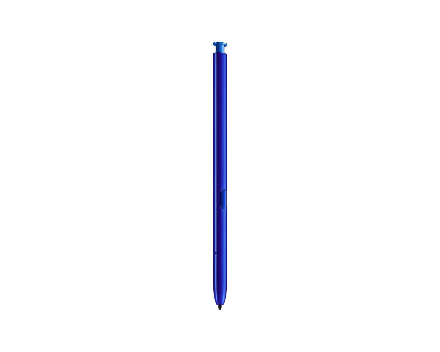 Un elegante stilo blu con punta argentata e un pulsante.