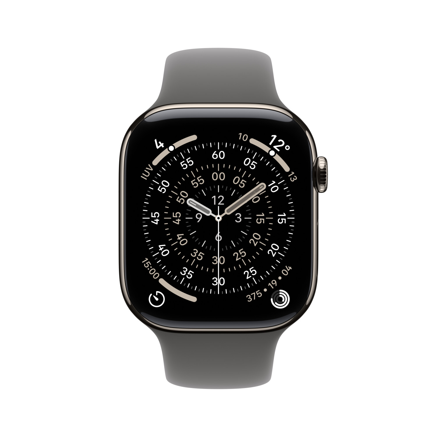 Reloj inteligente gris con esfera negra mostrando hora y métricas.
